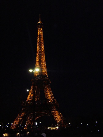 夜色中的埃菲尔两眼金光，守卫着美丽的城市